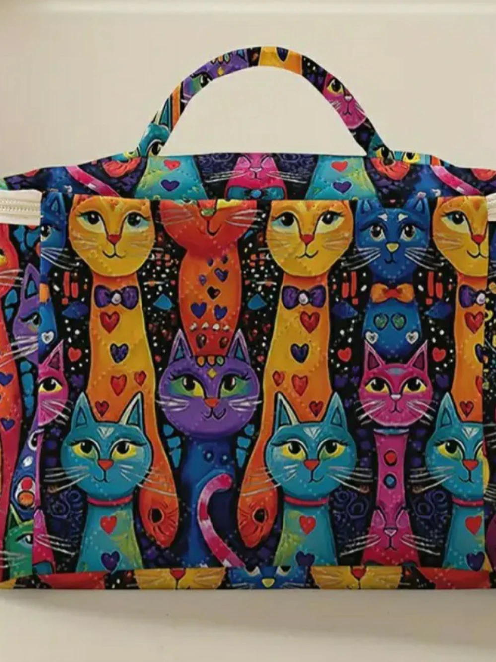 Multicolor cat-print garment bag with top handle. New